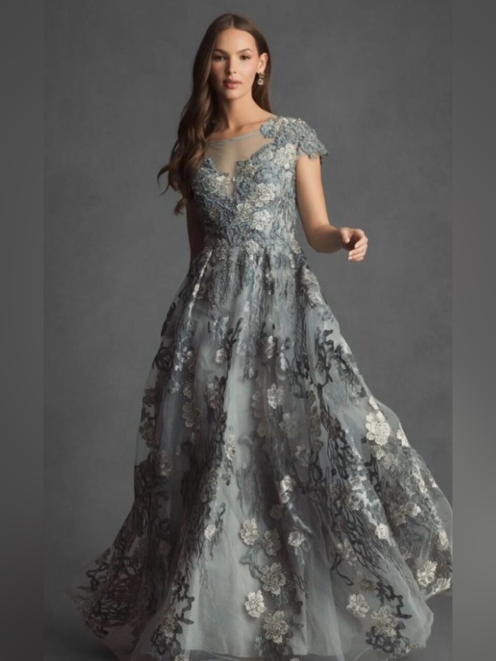 Mac Duggal Steel Blue and Silver Floral Embroidered Maxi Gown - Picture 2 of 14